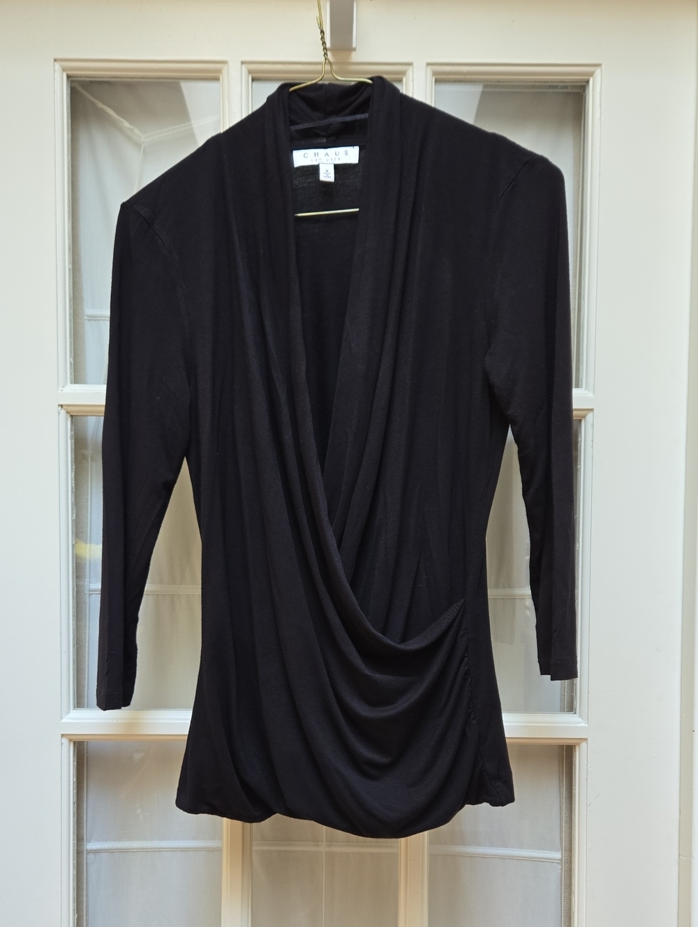 Chaus NY Black Draped Faux Wrap Long-Sleeve Top